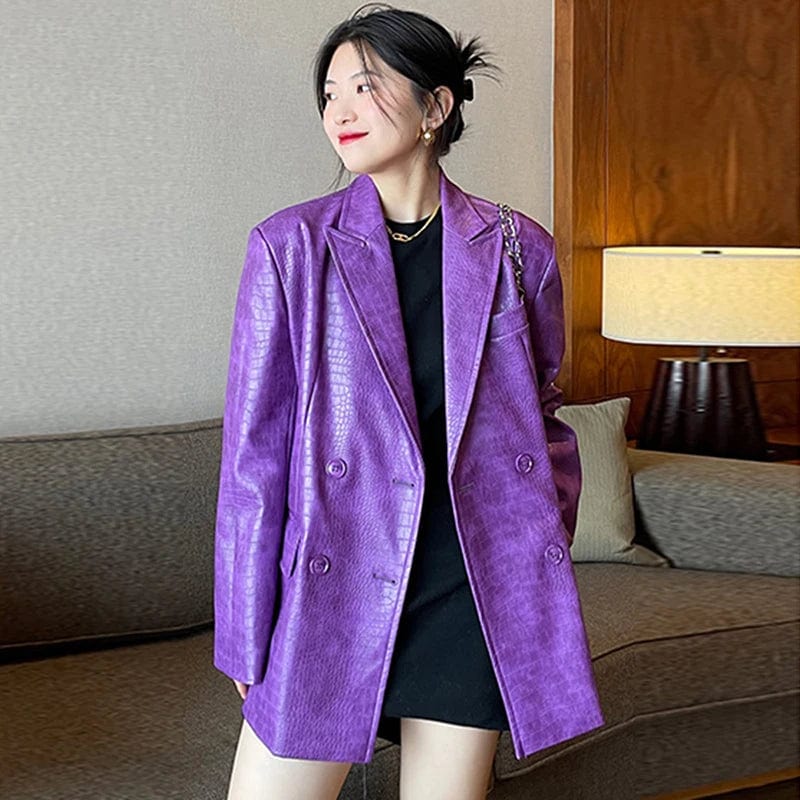 Eleganza Italiana Lautaro Autumn Oversized Shiny Purple Crocodile Pattern Faux Leather Blazer Women Long Sleeve Double Breasted Y2K Jacket Fashion Streetwear high fashion shein amazon temu target Walmart online