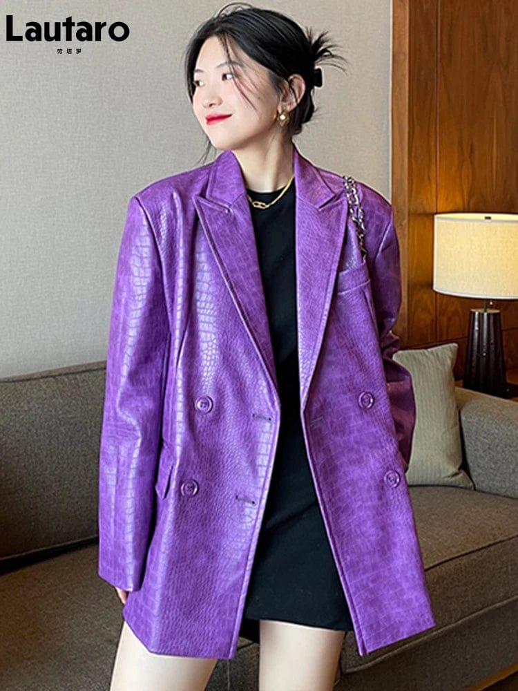 Eleganza Italiana Lautaro Autumn Oversized Shiny Purple Crocodile Pattern Faux Leather Blazer Women Long Sleeve Double Breasted Y2K Jacket Fashion Streetwear high fashion shein amazon temu target Walmart online