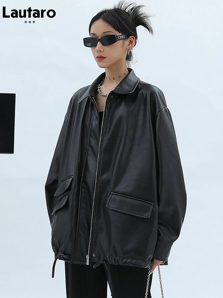 Eleganza Italiana Lautaro Spring Autumn Oversized Casual Waterproof Black Soft Pu Leather Jacket Women with Drop Shoulder Long Sleeve Fashion 2022 Streetwear high fashion shein amazon temu target Walmart online