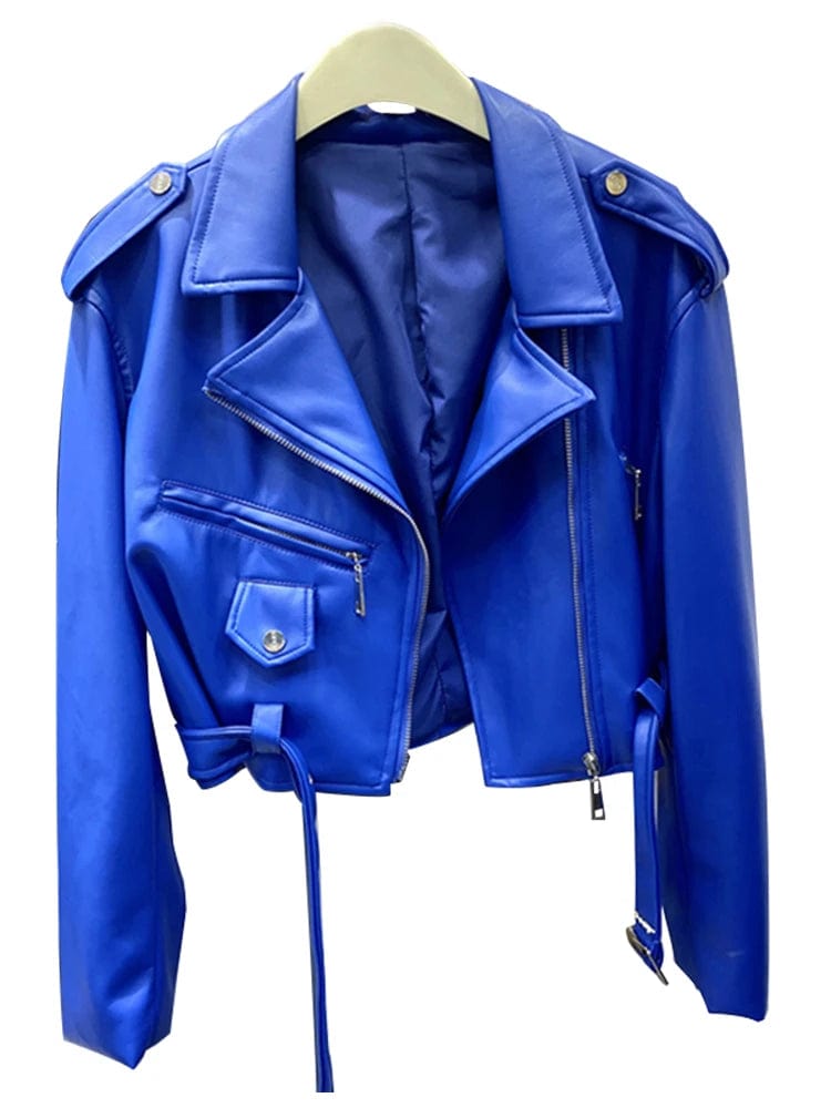 Eleganza Italiana Lautaro Spring Autumn Short Blue Soft Pu Leather Biker Jacket Women Zipper Long Sleeve Belt Cool Luxury Designer Clothes 2022 Streetwear high fashion shein amazon temu target Walmart online