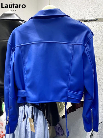 Eleganza Italiana Lautaro Spring Autumn Short Blue Soft Pu Leather Biker Jacket Women Zipper Long Sleeve Belt Cool Luxury Designer Clothes 2022 Streetwear high fashion shein amazon temu target Walmart online