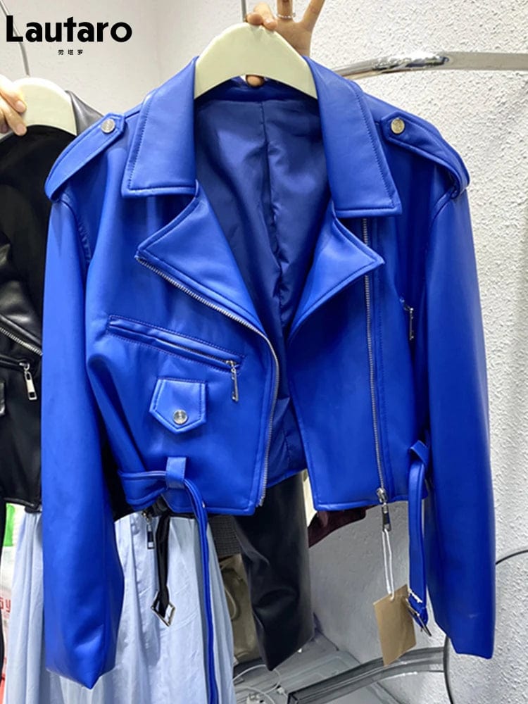 Eleganza Italiana Lautaro Spring Autumn Short Blue Soft Pu Leather Biker Jacket Women Zipper Long Sleeve Belt Cool Luxury Designer Clothes 2022 Streetwear high fashion shein amazon temu target Walmart online