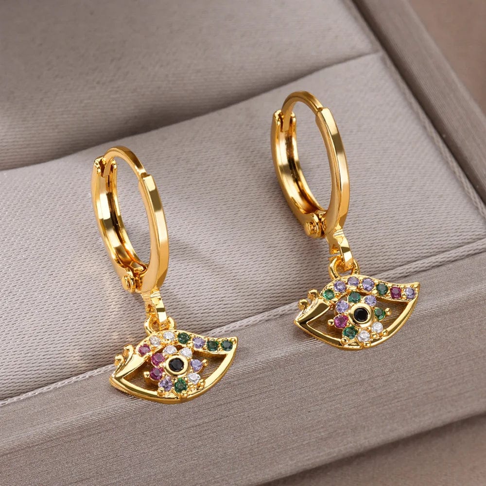 Eleganza Italiana Luxury Zircon Evil Eye Hoop Earrings For Women Stainelss Steel Turkish Devil&