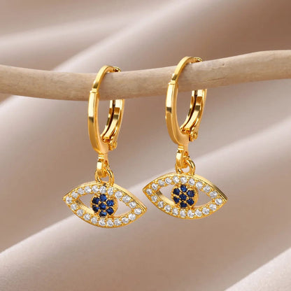 Eleganza Italiana Luxury Zircon Evil Eye Hoop Earrings For Women Stainelss Steel Turkish Devil&