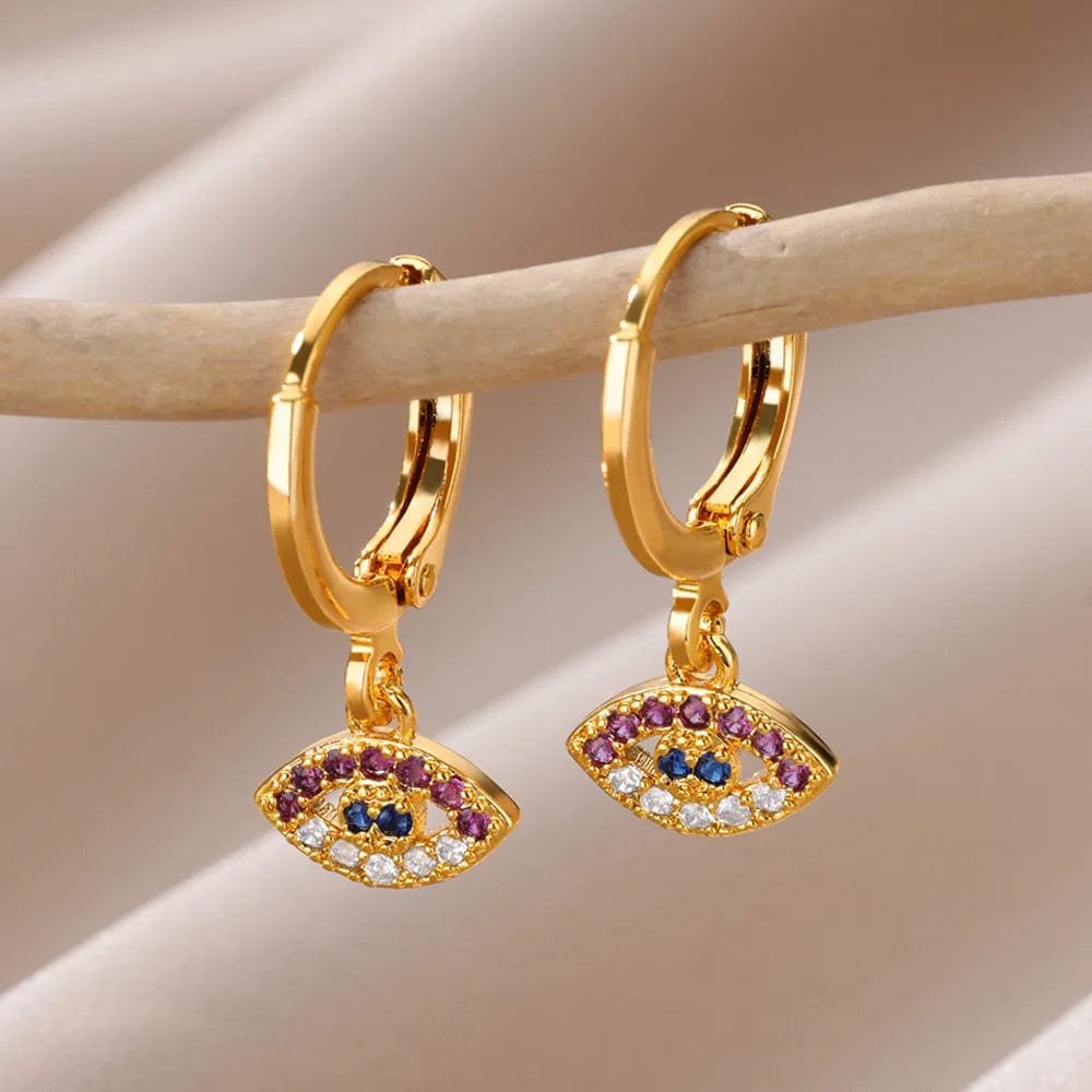 Eleganza Italiana Luxury Zircon Evil Eye Hoop Earrings For Women Stainelss Steel Turkish Devil&