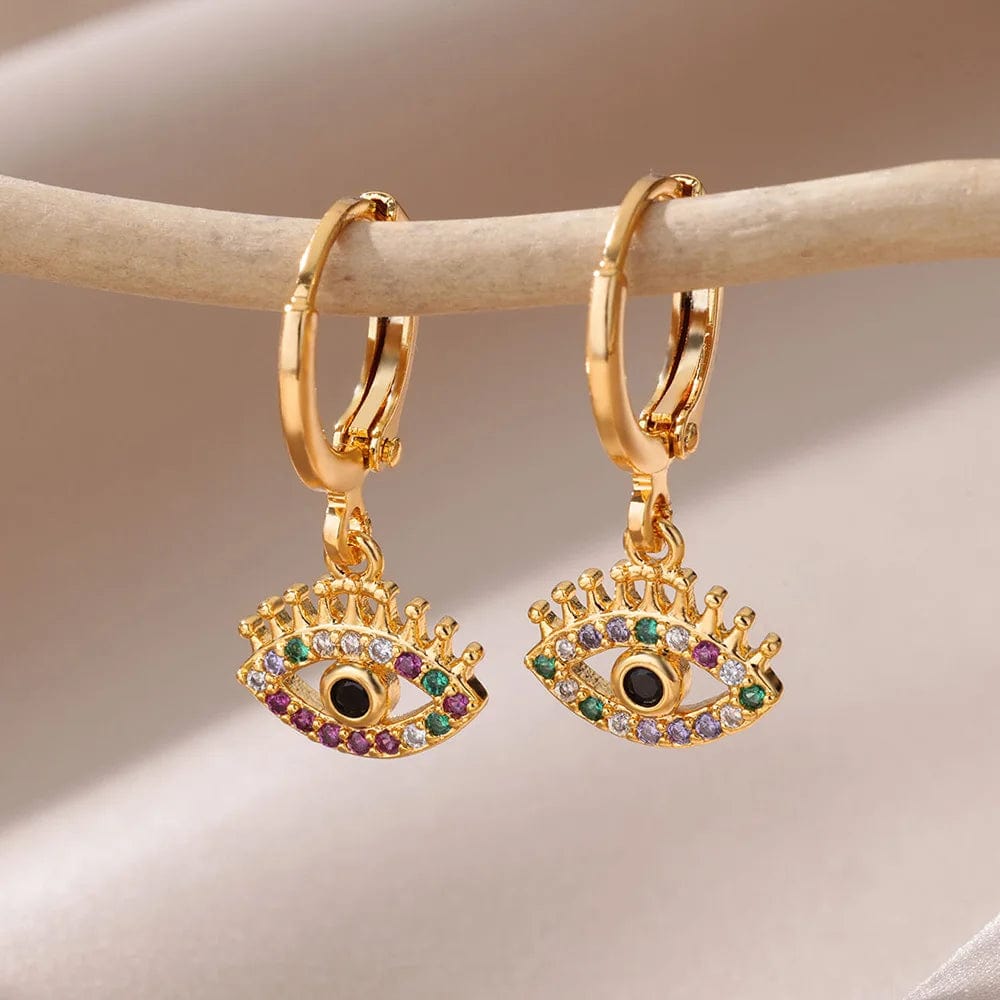 Eleganza Italiana Luxury Zircon Evil Eye Hoop Earrings For Women Stainelss Steel Turkish Devil&