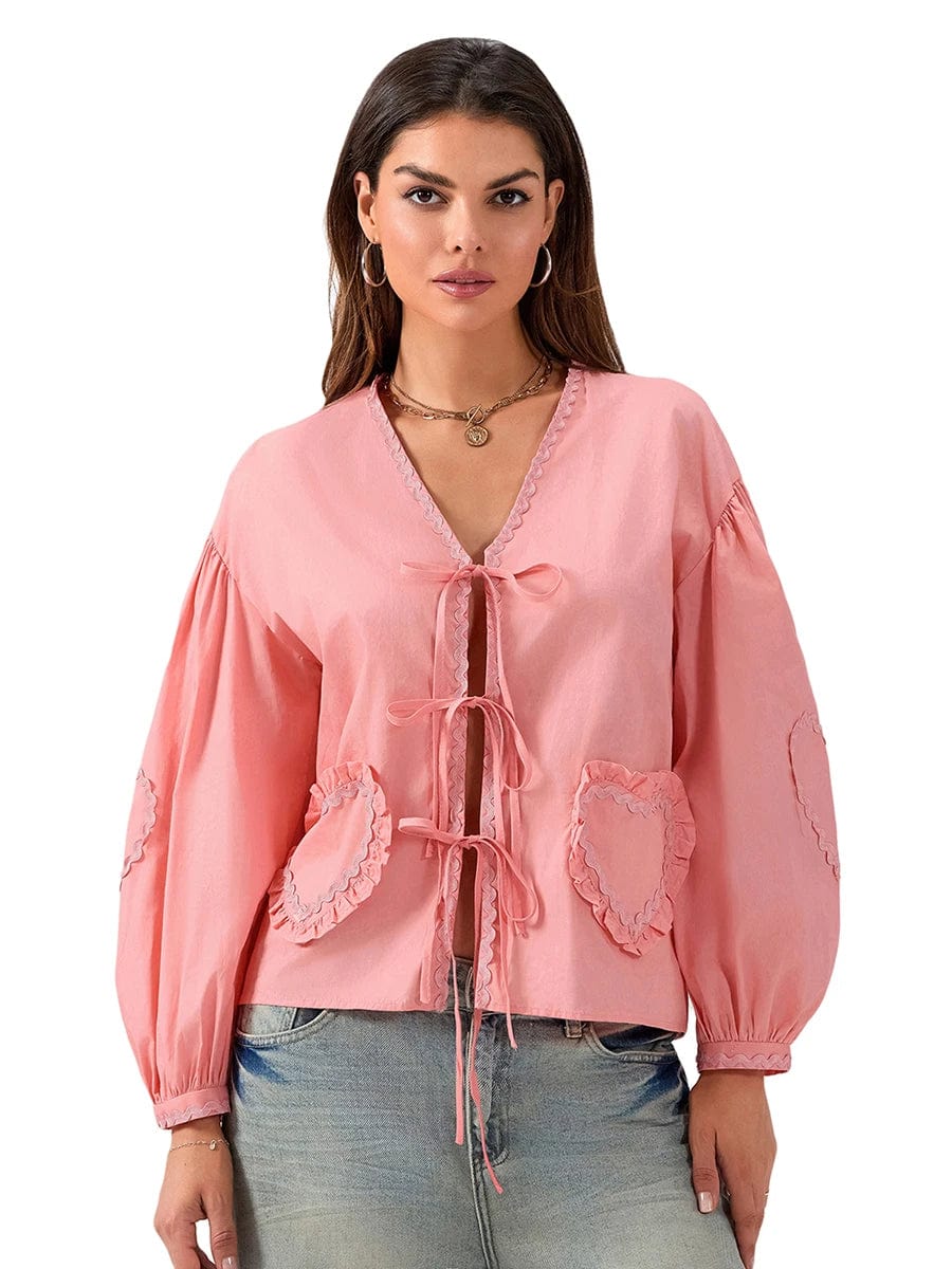 Eleganza Italiana Madioluye Women Elegant Long Sleeve Blouse Front Tie Up Heart Shirt Fall Casual Tops Y2K Streetwear Streetwear high fashion shein amazon temu target Walmart online