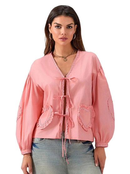 Eleganza Italiana Madioluye Women Elegant Long Sleeve Blouse Front Tie Up Heart Shirt Fall Casual Tops Y2K Streetwear Streetwear high fashion shein amazon temu target Walmart online