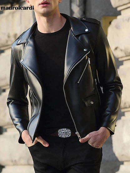 Eleganza Italiana Mauroicardi Spring Autumn Short Fitted Cool Black Faux Leather Biker Jacket Men Zipper Long Sleeve Plus Size Clothing 4xl 5xl Streetwear high fashion shein amazon temu target Walmart online