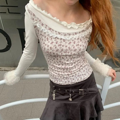 Eleganza Italiana Mesh Fungus Ruffle Flower Graphic Slim Top Off Shoulder T-Shirt Women Fall T Shirt harajuku fairycore 2000s y2k grunge aesthetic Streetwear high fashion shein amazon temu target Walmart online