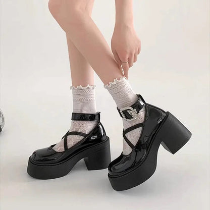 Eleganza Italiana Metal ankle buckle High Heels Women Y2K Lolita shoes Chunky Platform Mary Jane Shoes Woman Thick Heel Gothic JK uniform shoes Streetwear high fashion shein amazon temu target Walmart online