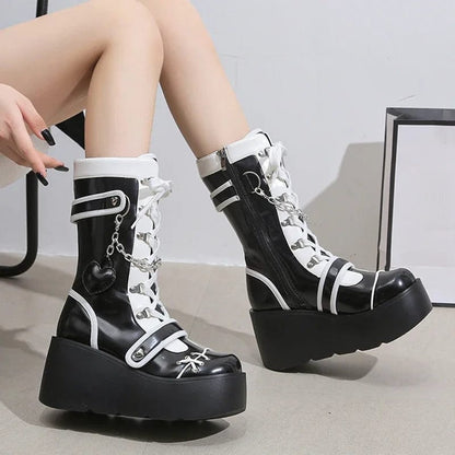 Eleganza Italiana Metal Chain Chunky Platform Y2K Boots Women 2024 Winter Pu Leather Mid Calf Boots Woman Plus Size 42 Thick Bottom Punk Shoes Streetwear high fashion shein amazon temu target Walmart online