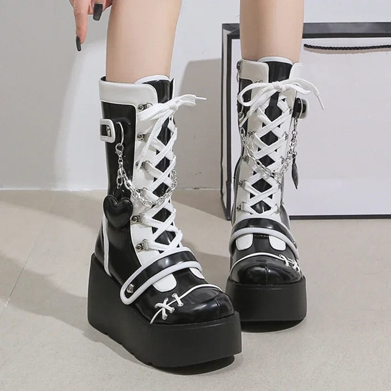 Eleganza Italiana Metal Chain Chunky Platform Y2K Boots Women 2024 Winter Pu Leather Mid Calf Boots Woman Plus Size 42 Thick Bottom Punk Shoes Streetwear high fashion shein amazon temu target Walmart online