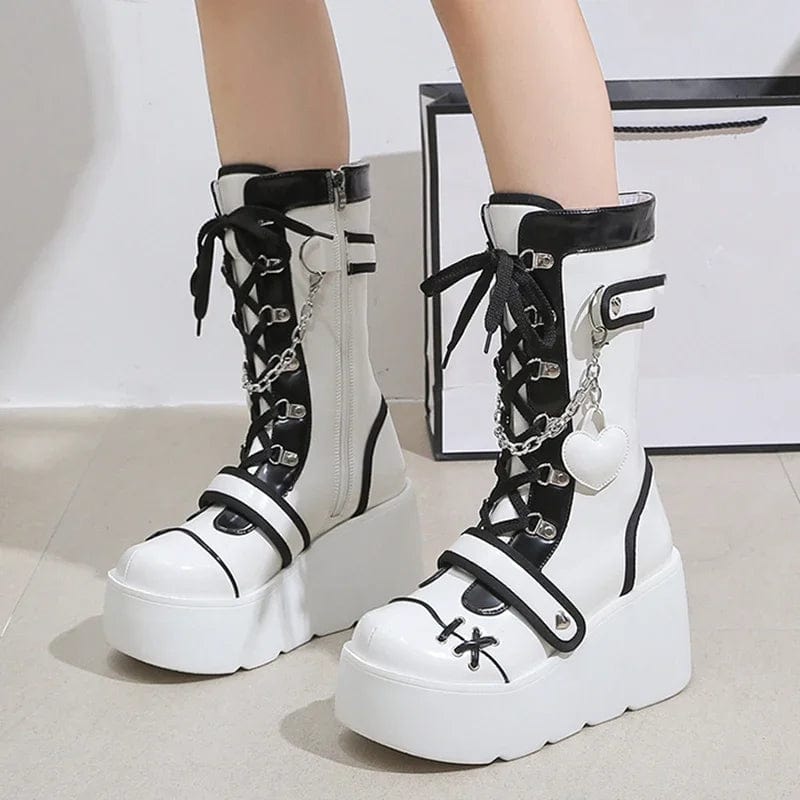 Eleganza Italiana Metal Chain Chunky Platform Y2K Boots Women 2024 Winter Pu Leather Mid Calf Boots Woman Plus Size 42 Thick Bottom Punk Shoes Streetwear high fashion shein amazon temu target Walmart online