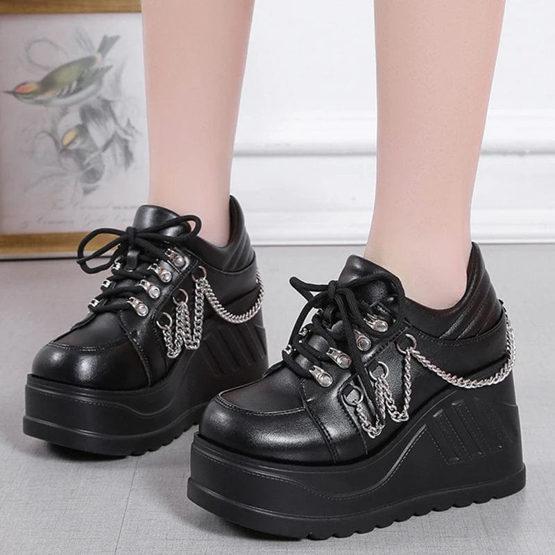 Eleganza Italiana Metal Chain Punk Gothic Shoes Woman Thick Bottom High Wedge Sneakers for Women 2023 New Black Chunky Platform Y2K Uniform Shoes Streetwear high fashion shein amazon temu target Walmart online