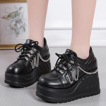 Eleganza Italiana Metal Chain Punk Gothic Shoes Woman Thick Bottom High Wedge Sneakers for Women 2023 New Black Chunky Platform Y2K Uniform Shoes Streetwear high fashion shein amazon temu target Walmart online