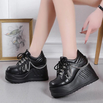 Eleganza Italiana Metal Chain Punk Gothic Shoes Woman Thick Bottom High Wedge Sneakers for Women 2023 New Black Chunky Platform Y2K Uniform Shoes Streetwear high fashion shein amazon temu target Walmart online