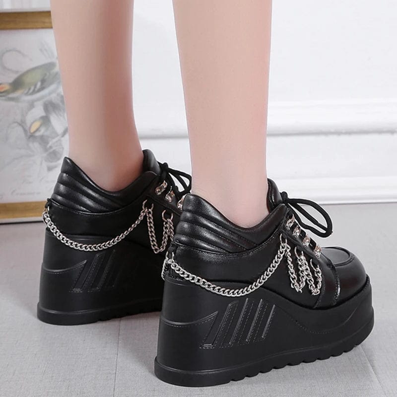 Eleganza Italiana Metal Chain Punk Gothic Shoes Woman Thick Bottom High Wedge Sneakers for Women 2023 New Black Chunky Platform Y2K Uniform Shoes Streetwear high fashion shein amazon temu target Walmart online