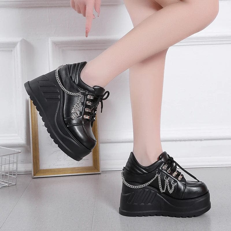 Eleganza Italiana Metal Chain Punk Gothic Shoes Woman Thick Bottom High Wedge Sneakers for Women 2023 New Black Chunky Platform Y2K Uniform Shoes Streetwear high fashion shein amazon temu target Walmart online