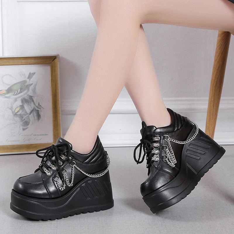 Eleganza Italiana Metal Chain Punk Gothic Shoes Woman Thick Bottom High Wedge Sneakers for Women 2023 New Black Chunky Platform Y2K Uniform Shoes Streetwear high fashion shein amazon temu target Walmart online