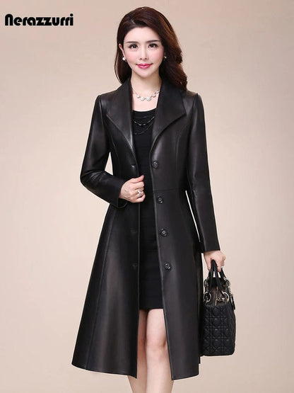 Eleganza Italiana Nerazzurri Spring autumn long black soft faux leather coat women long sleeve buttons slim fit Elegant leather jacket women 2021 Streetwear high fashion shein amazon temu target Walmart online