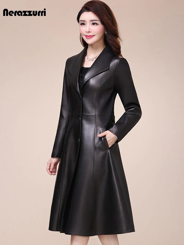 Eleganza Italiana Nerazzurri Spring autumn long black soft faux leather coat women long sleeve buttons slim fit Elegant leather jacket women 2021 Streetwear high fashion shein amazon temu target Walmart online