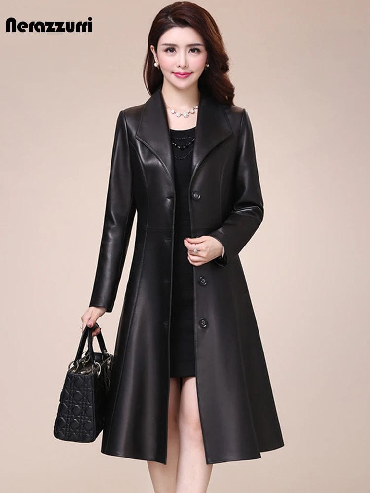 Eleganza Italiana Nerazzurri Spring autumn long black soft faux leather coat women long sleeve buttons slim fit Elegant leather jacket women 2021 Streetwear high fashion shein amazon temu target Walmart online