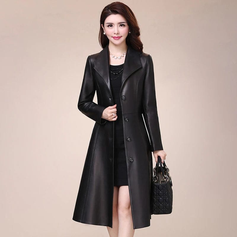 Eleganza Italiana Nerazzurri Spring autumn long black soft faux leather coat women long sleeve buttons slim fit Elegant leather jacket women 2021 Streetwear high fashion shein amazon temu target Walmart online