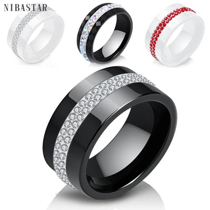 Eleganza Italiana New 10MM Black and White 2 Row Crystal Ceramic Rings Women Engagement Promise Wedding Band Gifts For Women Streetwear high fashion shein amazon temu target Walmart online