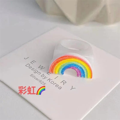 Eleganza Italiana NEW Cute Cartoon Smile White Cloud Rainbow Resin Acrylic Rings For Women Girls Funny Children Finger Ring Summer Jewelry Gift Streetwear high fashion shein amazon temu target Walmart online