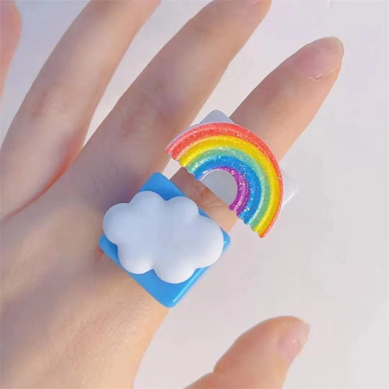 Eleganza Italiana NEW Cute Cartoon Smile White Cloud Rainbow Resin Acrylic Rings For Women Girls Funny Children Finger Ring Summer Jewelry Gift Streetwear high fashion shein amazon temu target Walmart online