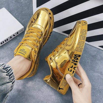 Eleganza Italiana New Gold Sneakers Couple Shoes Luxury Casual Glitter Sneakers Men Hip-hop Streetwear Skateboard Shoes Men Flat Designer Footwear Streetwear high fashion shein amazon temu target Walmart online