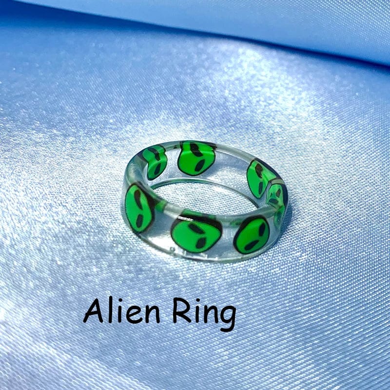 Eleganza Italiana New INS Resin Green Alien ET Rings for Women Y2K Jewelry Punk Fashion Goth Rings Egirl Style Friends Gifts 2000s Aesthetic New Streetwear high fashion shein amazon temu target Walmart online