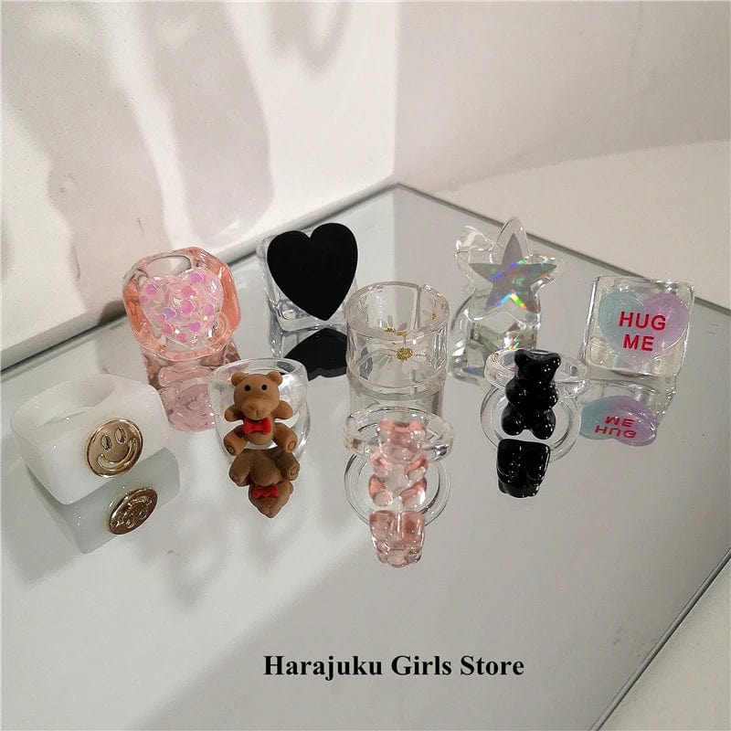 Eleganza Italiana New Korean Gothic Harajuku Y2K Cute Star Heart Love Bear Resin Rings For Women Egirl Party Grunge EMO Jewelry Gifts Accessories Streetwear high fashion shein amazon temu target Walmart online