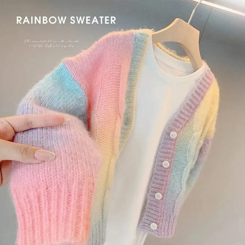 Eleganza Italiana New Rainbow Knitted Cardigan Sweater Infant Toddler Child Sweet Kawaii Sweater Coat Fashion Girls Gradient Jacket Clothes Streetwear high fashion shein amazon temu target Walmart online