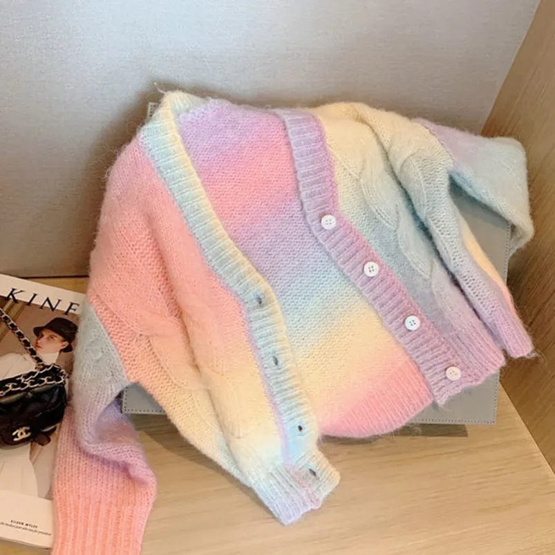 Eleganza Italiana New Rainbow Knitted Cardigan Sweater Infant Toddler Child Sweet Kawaii Sweater Coat Fashion Girls Gradient Jacket Clothes Streetwear high fashion shein amazon temu target Walmart online