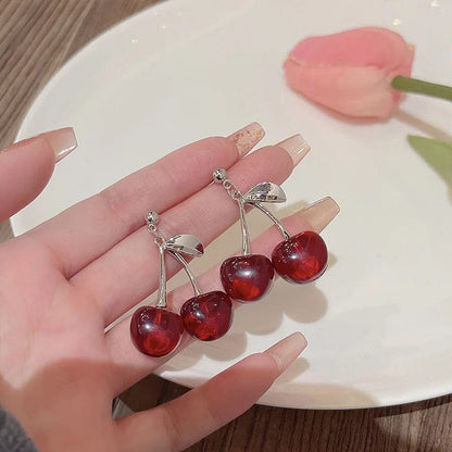 Eleganza Italiana New Sweet Summer Red Transparent Cherry Fruit Fashion Long Ear Nail Earrings Fashion Black Anime Earring For Women Party Jewelry Streetwear high fashion shein amazon temu target Walmart online