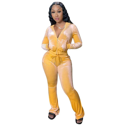 Eleganza Italiana Outfits for Women 2 Piece Set 2023 Solid Gold Velvet Suit y2k Tracksuit Women Street Casual Hoodie Sweatshirt Flared Pants Sets Streetwear high fashion shein amazon temu target Walmart online