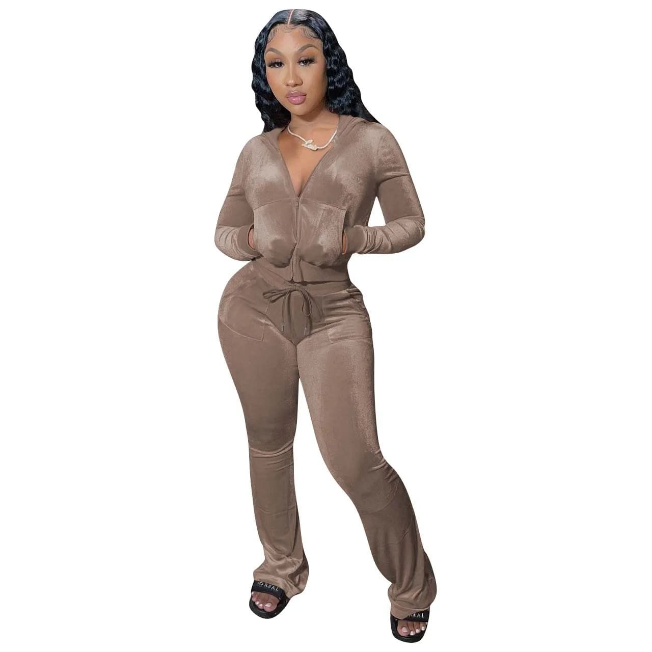 Eleganza Italiana Outfits for Women 2 Piece Set 2023 Solid Gold Velvet Suit y2k Tracksuit Women Street Casual Hoodie Sweatshirt Flared Pants Sets Streetwear high fashion shein amazon temu target Walmart online