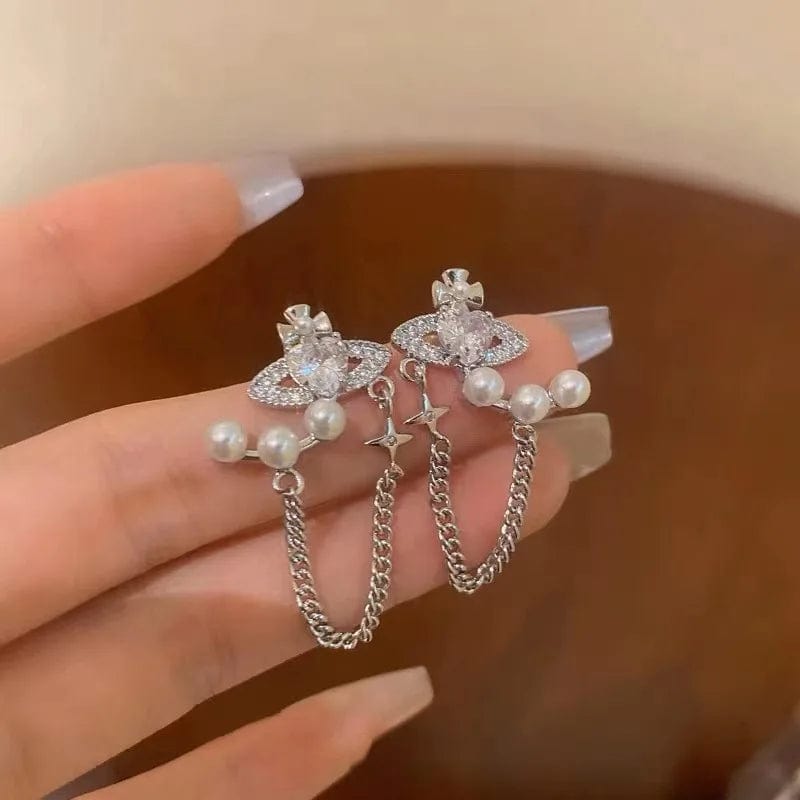 Eleganza Italiana Pearl Cross Tassel Earrings for Women Heart  Star Saturn Chain Luxury Elegant Korean  Earrings Party Y2K Jewelry Accessories Streetwear high fashion shein amazon temu target Walmart online