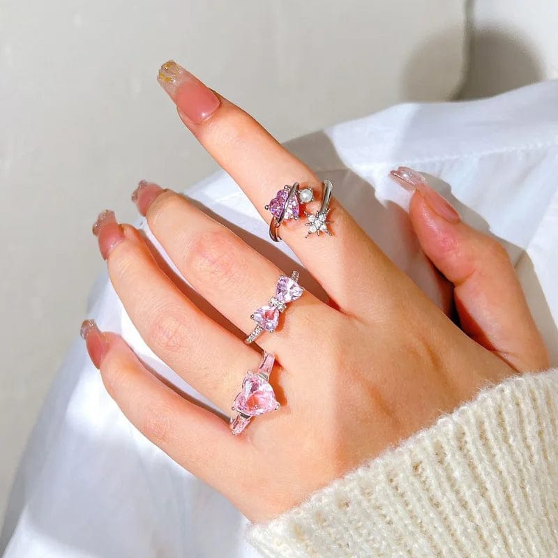 Eleganza Italiana Pink Crystal Heart Bowknot Rings For Women Girls Y2k Kpop Sweet Cool Open Finger Rings Party Fashion Jewelry Gifts 2024 New Streetwear high fashion shein amazon temu target Walmart online