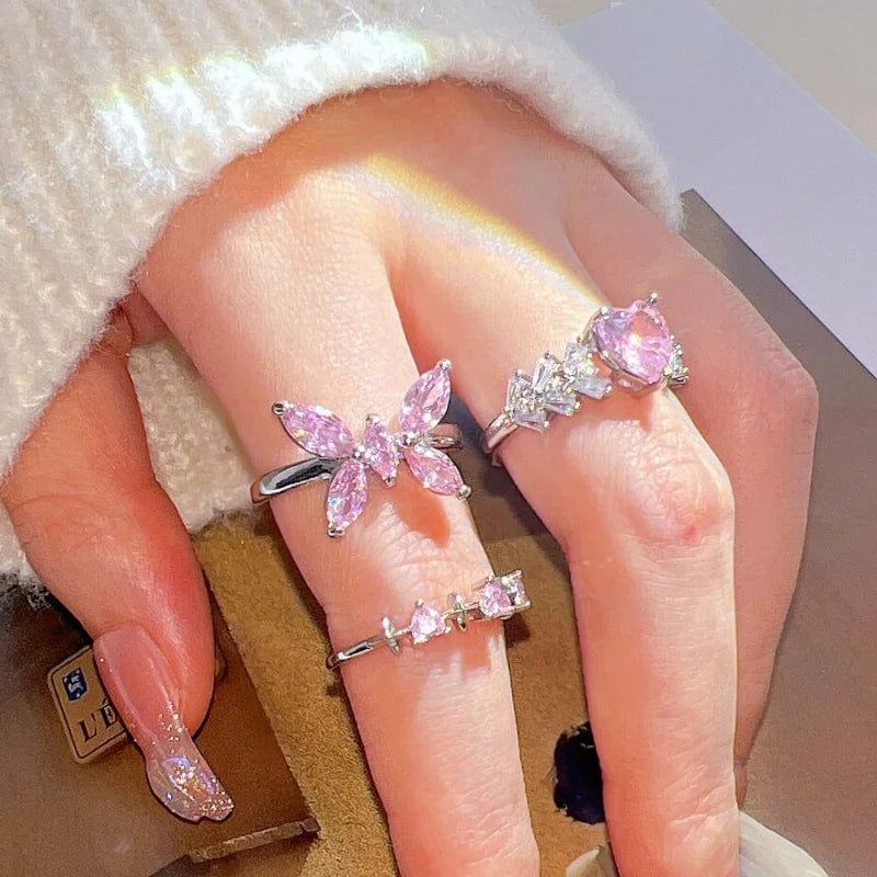 Eleganza Italiana Pink Crystal Heart Bowknot Rings For Women Girls Y2k Kpop Sweet Cool Open Finger Rings Party Fashion Jewelry Gifts 2024 New Streetwear high fashion shein amazon temu target Walmart online