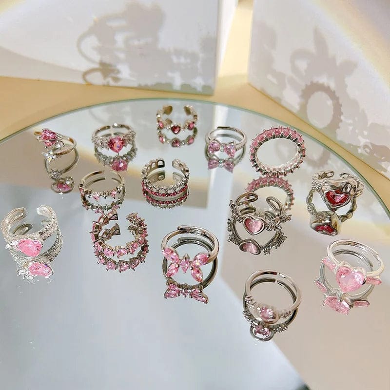 Eleganza Italiana Pink Crystal Heart Bowknot Rings For Women Girls Y2k Kpop Sweet Cool Open Finger Rings Party Fashion Jewelry Gifts 2024 New Streetwear high fashion shein amazon temu target Walmart online