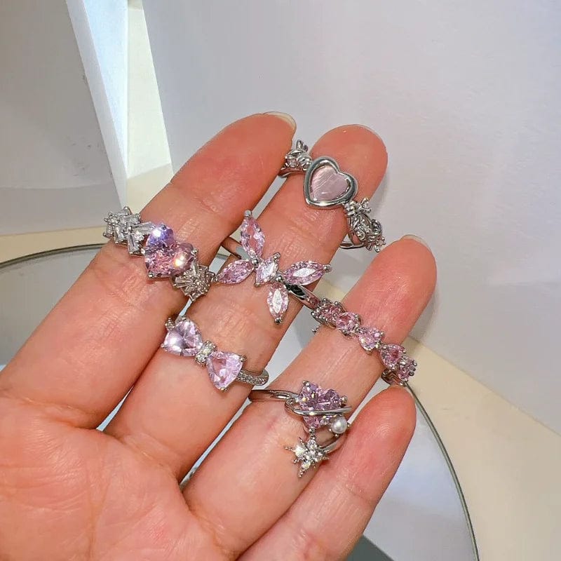 Eleganza Italiana Pink Crystal Heart Bowknot Rings For Women Girls Y2k Kpop Sweet Cool Open Finger Rings Party Fashion Jewelry Gifts 2024 New Streetwear high fashion shein amazon temu target Walmart online