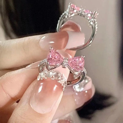 Eleganza Italiana Pink Crystal Heart Bowknot Rings For Women Girls Y2k Kpop Sweet Cool Open Finger Rings Party Fashion Jewelry Gifts 2024 New Streetwear high fashion shein amazon temu target Walmart online