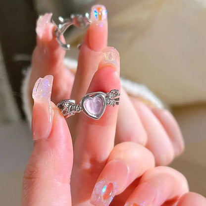 Eleganza Italiana Pink Crystal Heart Bowknot Rings For Women Girls Y2k Kpop Sweet Cool Open Finger Rings Party Fashion Jewelry Gifts 2024 New Streetwear high fashion shein amazon temu target Walmart online