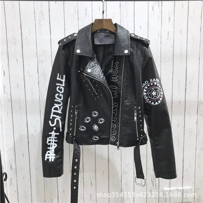 Eleganza Italiana Print Faux Soft Leather Jacket Women Spring Fall Winter Pu Motorcycle Coat Black Punk Gothic Biker Rivet Pocket Outerwear Streetwear high fashion shein amazon temu target Walmart online