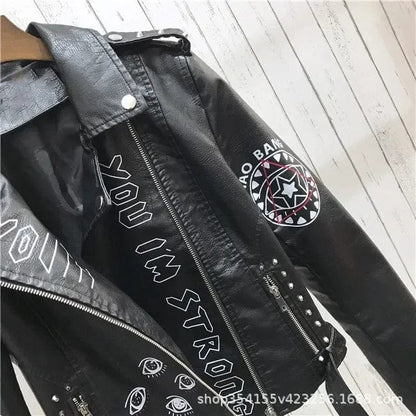 Eleganza Italiana Print Faux Soft Leather Jacket Women Spring Fall Winter Pu Motorcycle Coat Black Punk Gothic Biker Rivet Pocket Outerwear Streetwear high fashion shein amazon temu target Walmart online