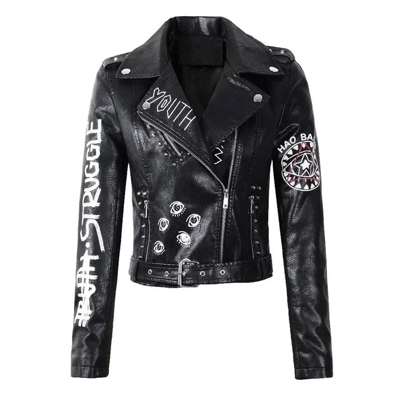 Eleganza Italiana Print Faux Soft Leather Jacket Women Spring Fall Winter Pu Motorcycle Coat Black Punk Gothic Biker Rivet Pocket Outerwear Streetwear high fashion shein amazon temu target Walmart online