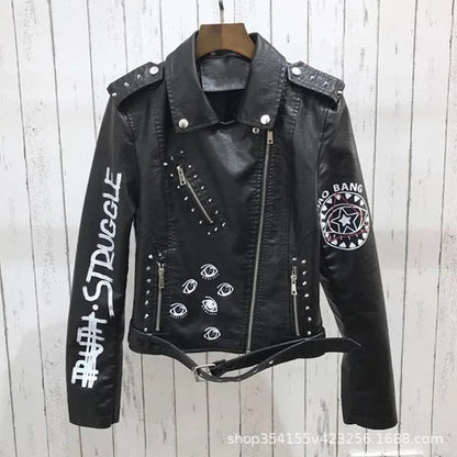 Eleganza Italiana Print Faux Soft Leather Jacket Women Spring Fall Winter Pu Motorcycle Coat Black Punk Gothic Biker Rivet Pocket Outerwear Streetwear high fashion shein amazon temu target Walmart online